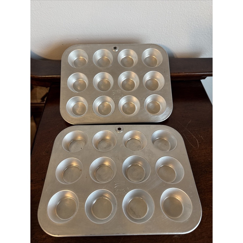 2 - Mirro Mini Cupcake/Muffin Pan - 12 Aluminum cups 9.75"x7.5" Mirro Brand Vntg